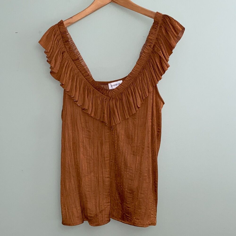 Evereve Dahlia Ruffle Satin Top Blouse Sleeveless Womens Medium Rust Brown